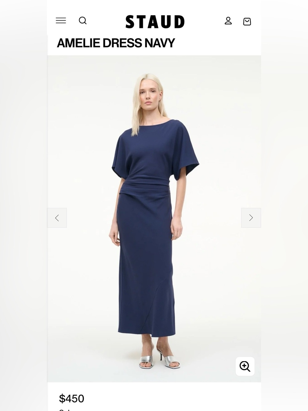 STAUD Navy Amelie Maxi Dress with Draped Waist $450 NWT Size M